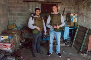 With Italian journalist at the frontline in Eastern Ukraine. 2018